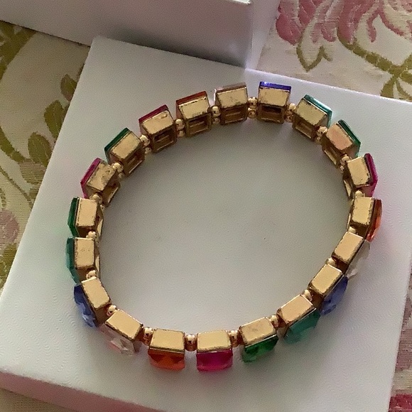 Bracelet with colored stones Stretchy gold tone background size large. - Picture 7 of 14